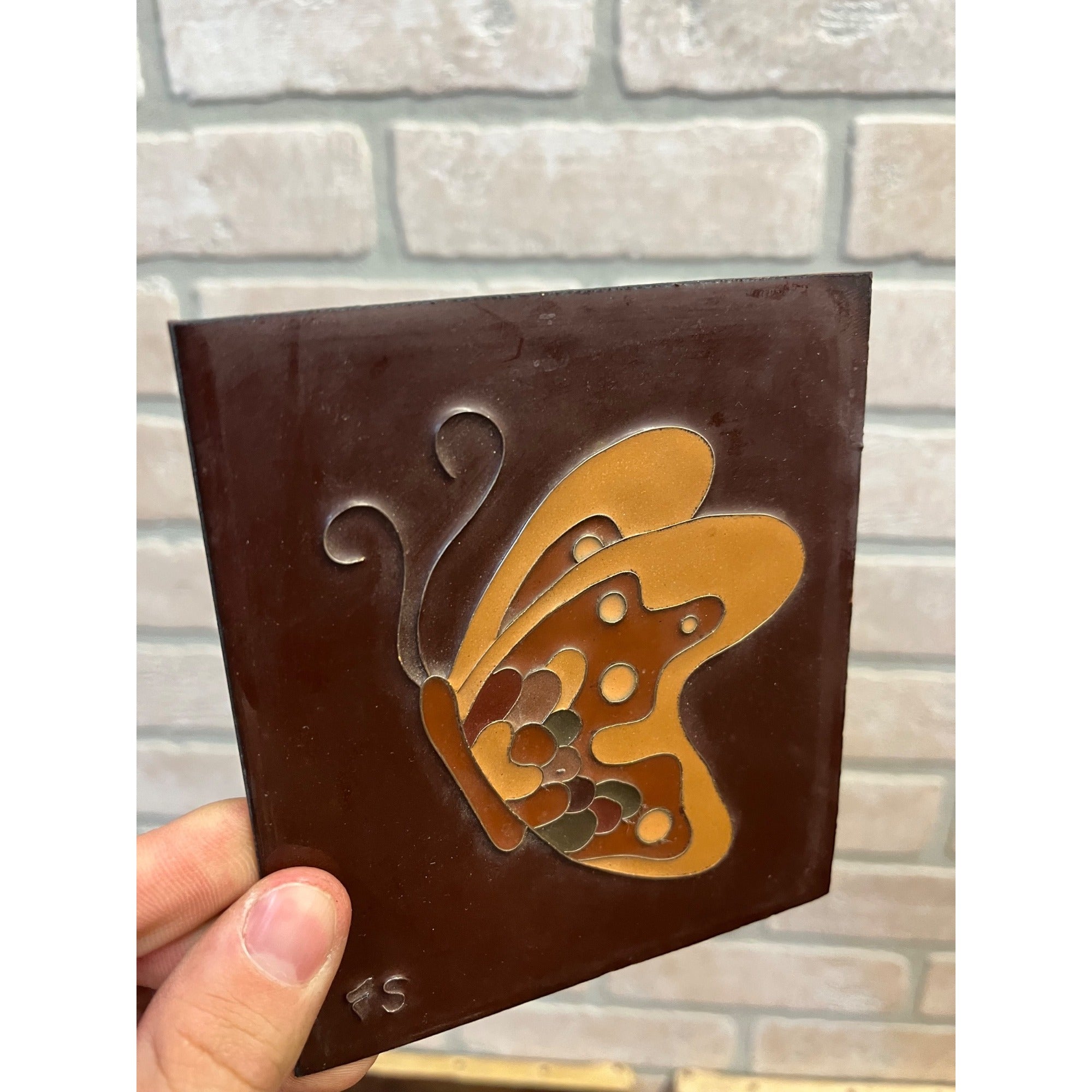 Vintage Mid-Century Butterfly Porcelain Decorative Tile Decor Brown Cottagecore