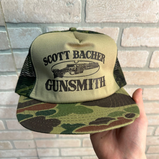 RETRO SNAPBACK HAT CAMO SCOTT BACHER GUNSMITH STEVENS POINT WIS MESH USA MADE