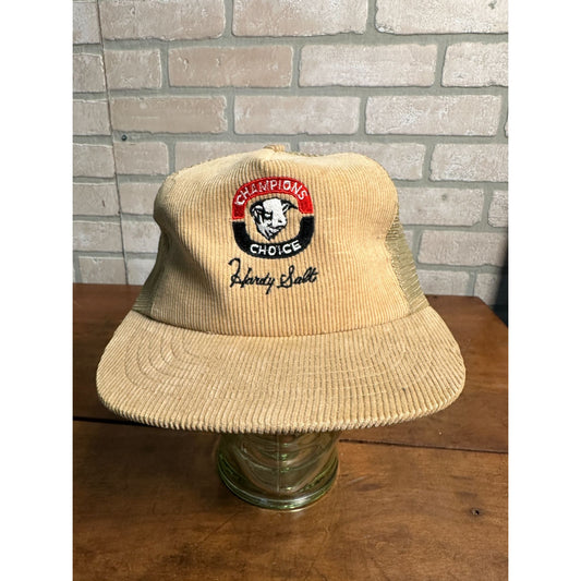 VINTAGE CHAMPIONS CHOICE BULL COW TAN CORDUROY SNAPBACK HAT CAP