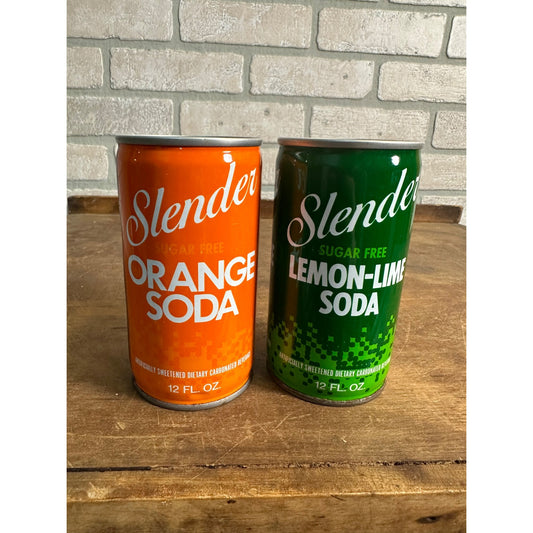 Vintage Slender Soda Pop Cans (2) Orange lemon Lime Steel Pull Tab Flat Top