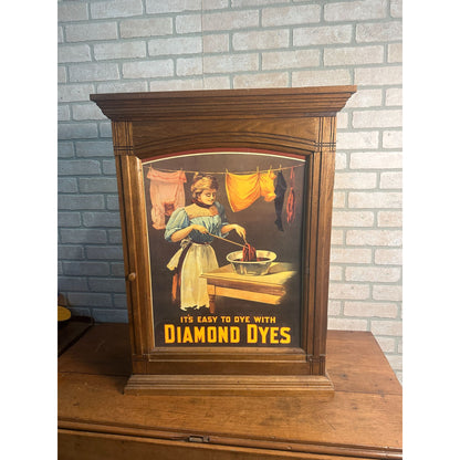 Vintage Diamond Dyes Advertising Oak Wooden Cabinet w/ Repro Sign