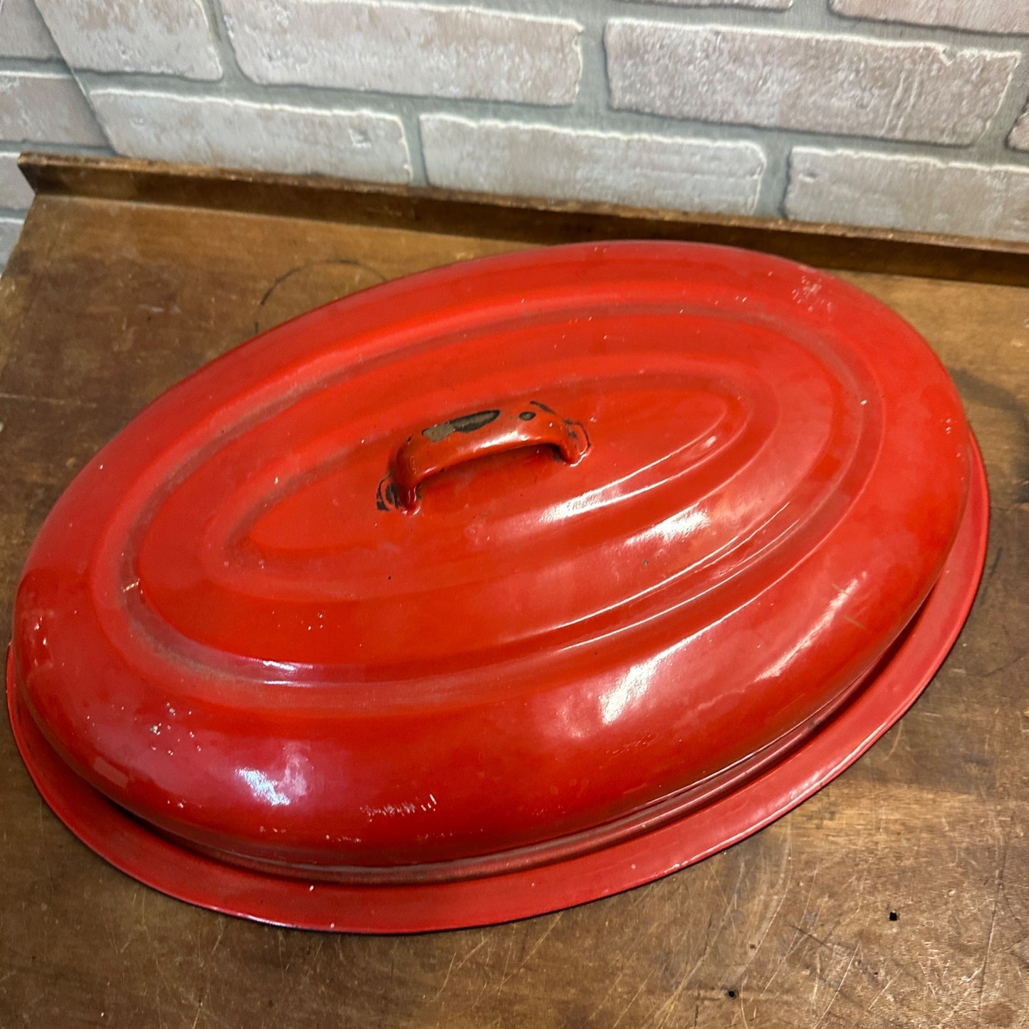 Antique Vintage Red & Black  Enamelware Roaster Lid Replacement