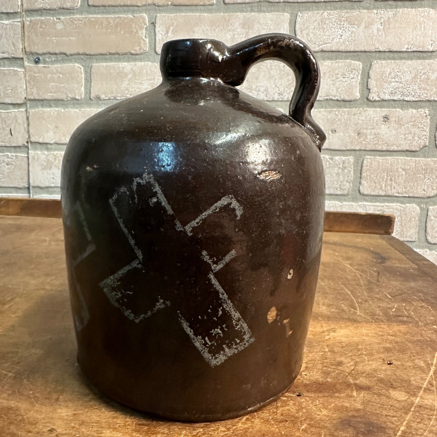 Antique 7" Brown  Stoneware Jug Moonshine W/ Handle Unmarked Glazed