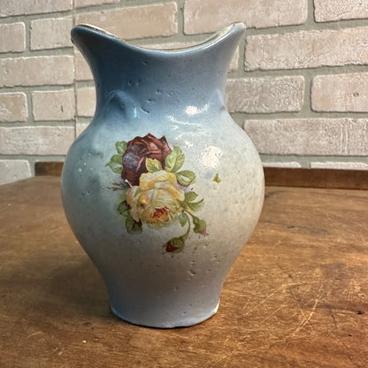 ANTIQUE VICTORIAN BLUE FLORAL STONEWARE POTTERY 5-1/2" VASE FOILAGE