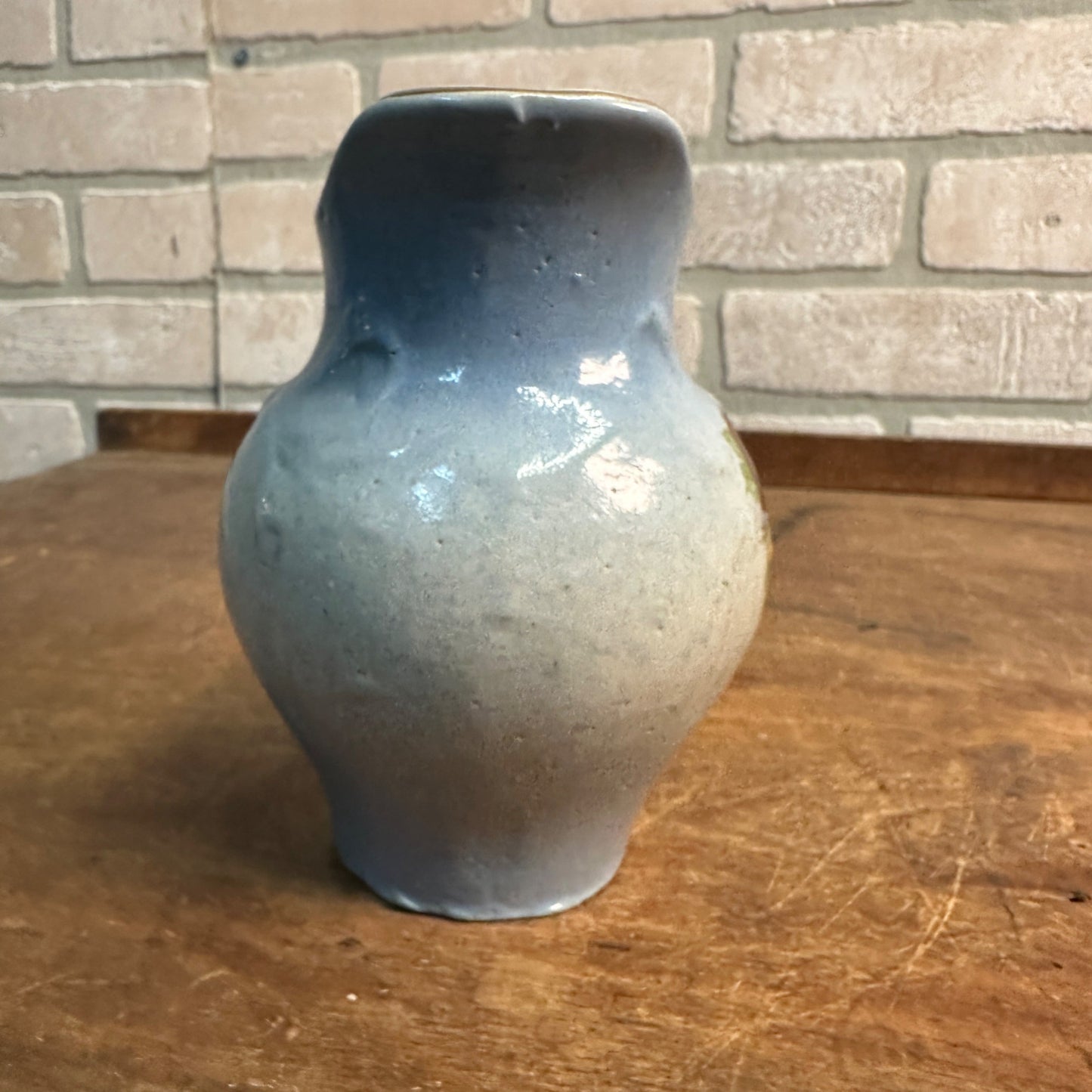 ANTIQUE VICTORIAN BLUE FLORAL STONEWARE POTTERY 5-1/2" VASE FOILAGE