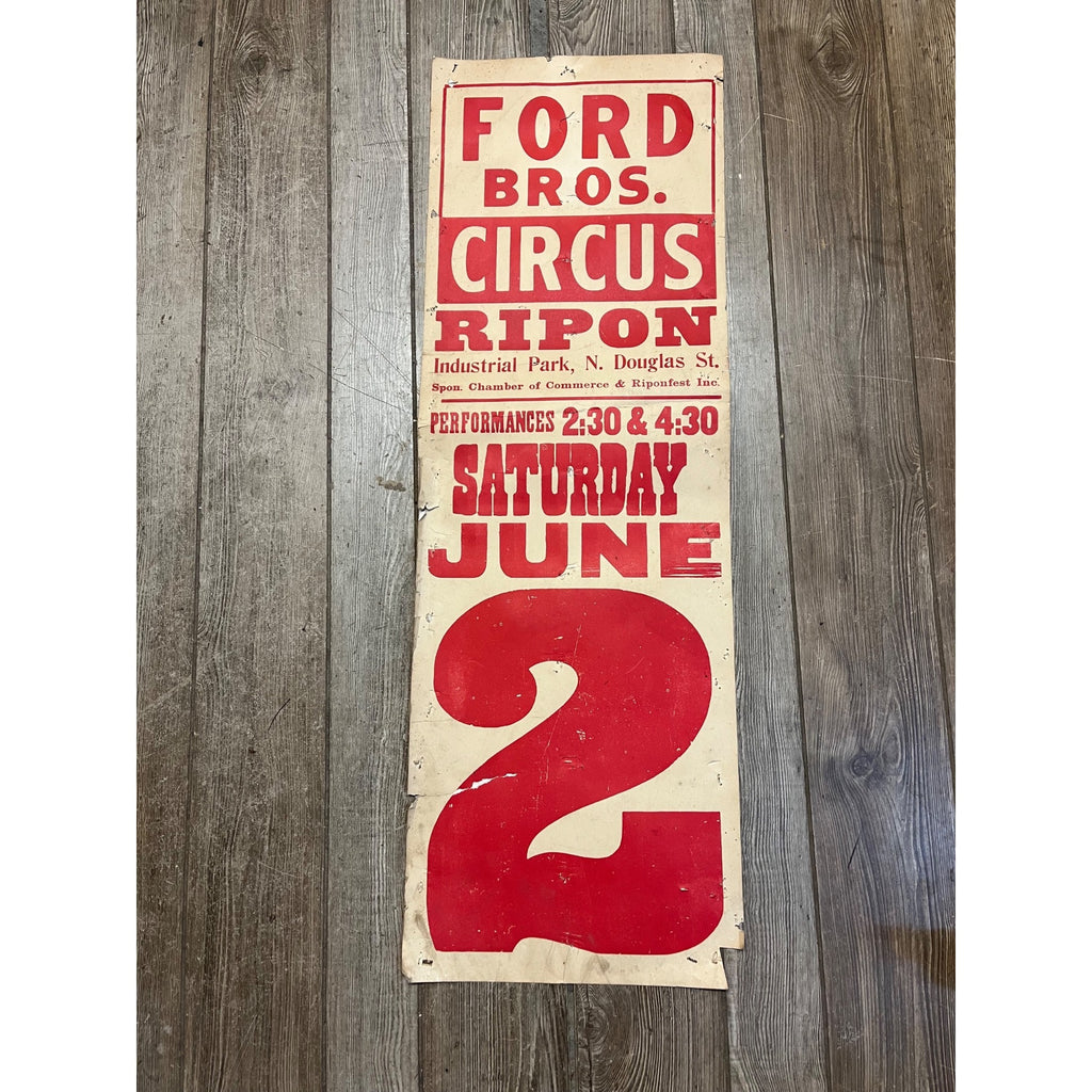 Vintage Ford Bros Circus Broadside Paper Poster Sign Promo Wisconsin