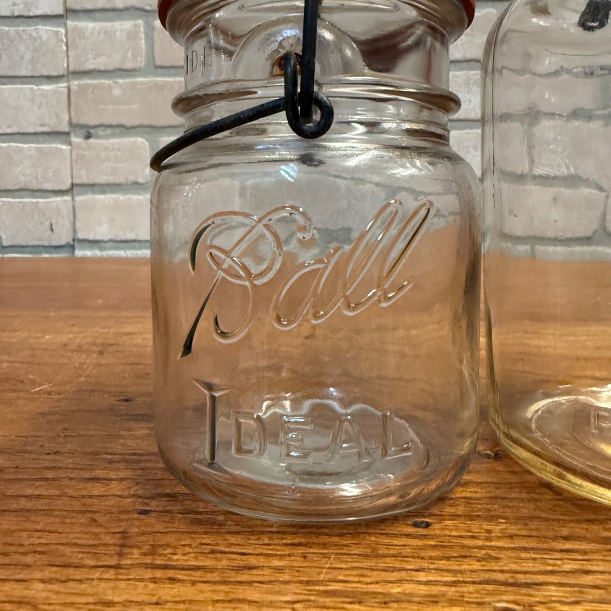 Pair Ideal Ball Fruit Canning Jars Clear Bail Handle Glass Lid 1908 Quart & Pint
