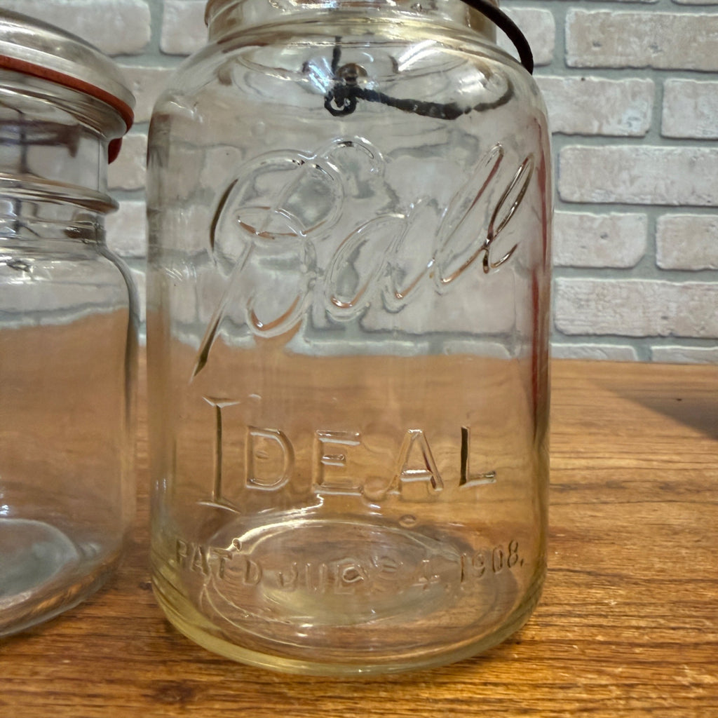 Pair Ideal Ball Fruit Canning Jars Clear Bail Handle Glass Lid 1908 Quart & Pint