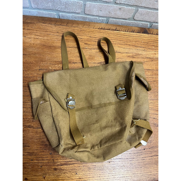 Vintage Khaki/Canvas Messenger Bag With Floral-Embossed Vinyl Interior WWII Military Musette Bag or Field Pack