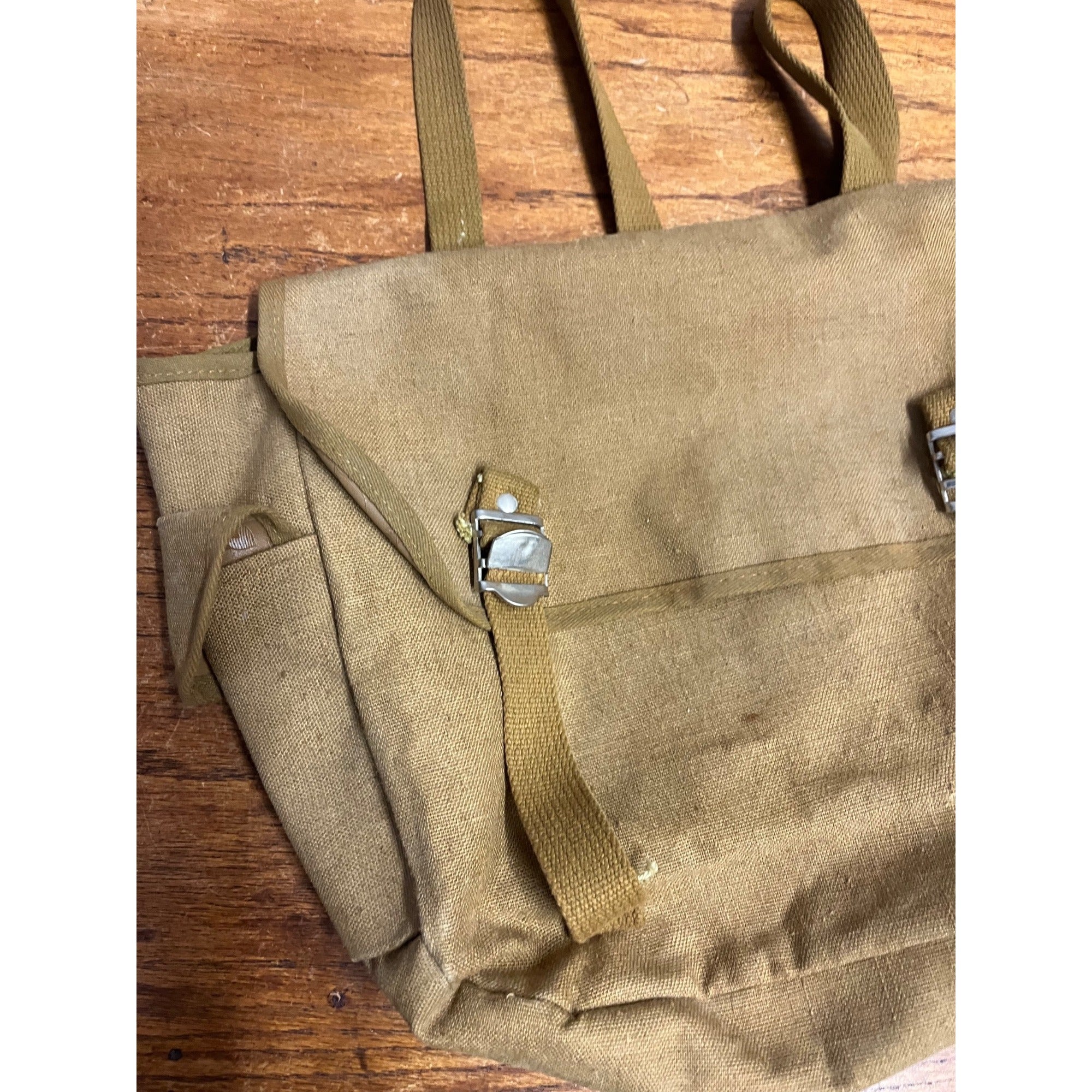 Vintage Khaki/Canvas Messenger Bag With Floral-Embossed Vinyl Interior WWII Military Musette Bag or Field Pack