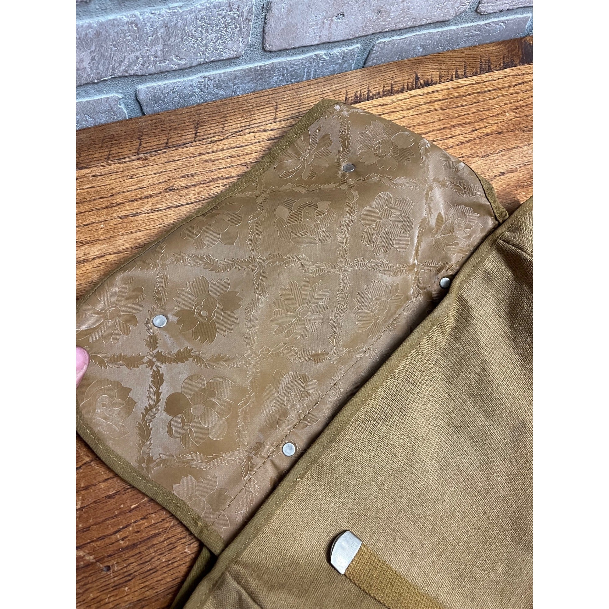 Vintage Khaki/Canvas Messenger Bag With Floral-Embossed Vinyl Interior WWII Military Musette Bag or Field Pack