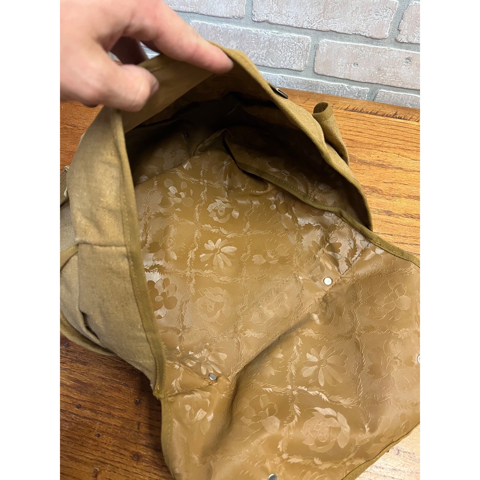 Vintage Khaki/Canvas Messenger Bag With Floral-Embossed Vinyl Interior WWII Military Musette Bag or Field Pack