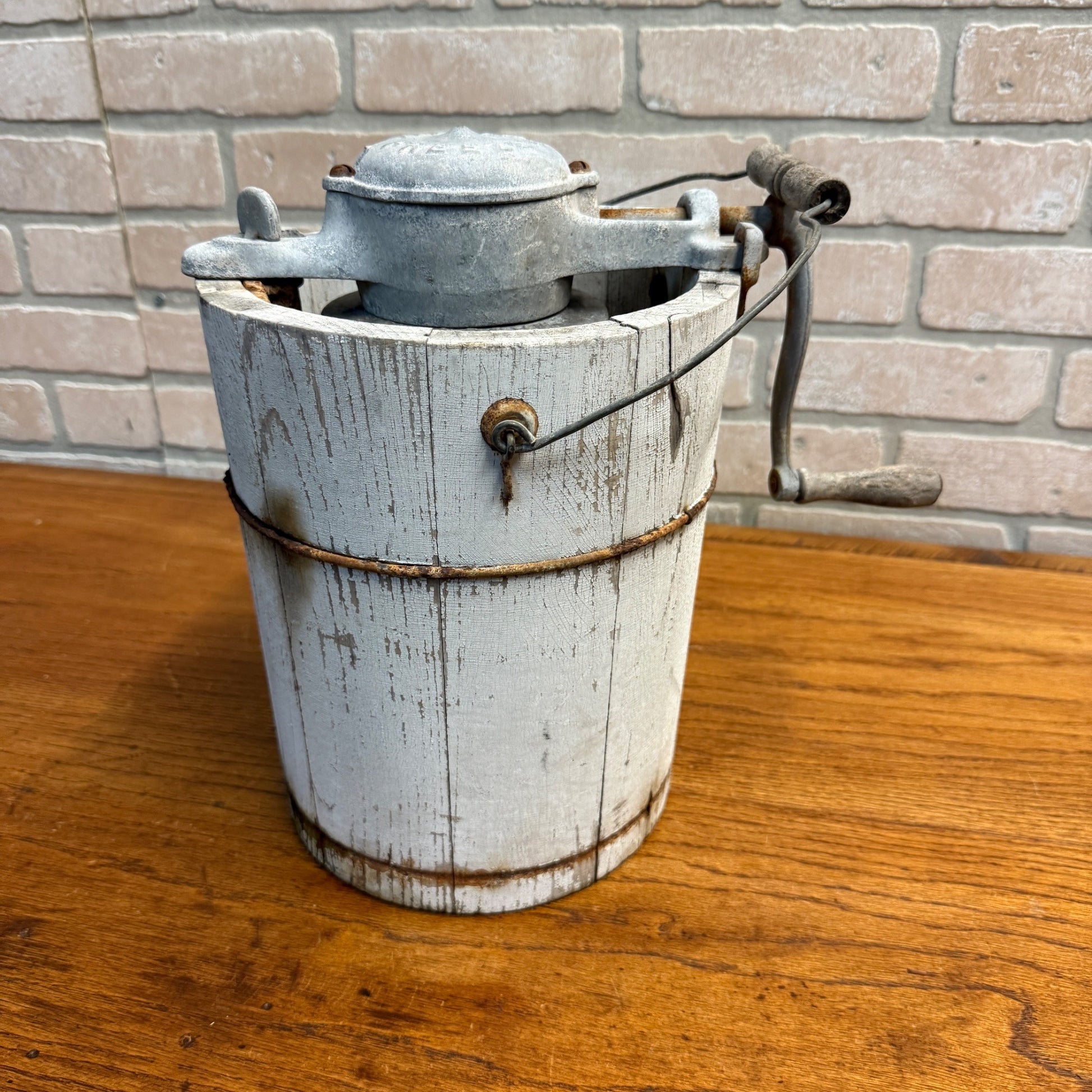 Antique Primitive Alaska Freezer Hand Crank Ice Cream Maker Farmhouse White