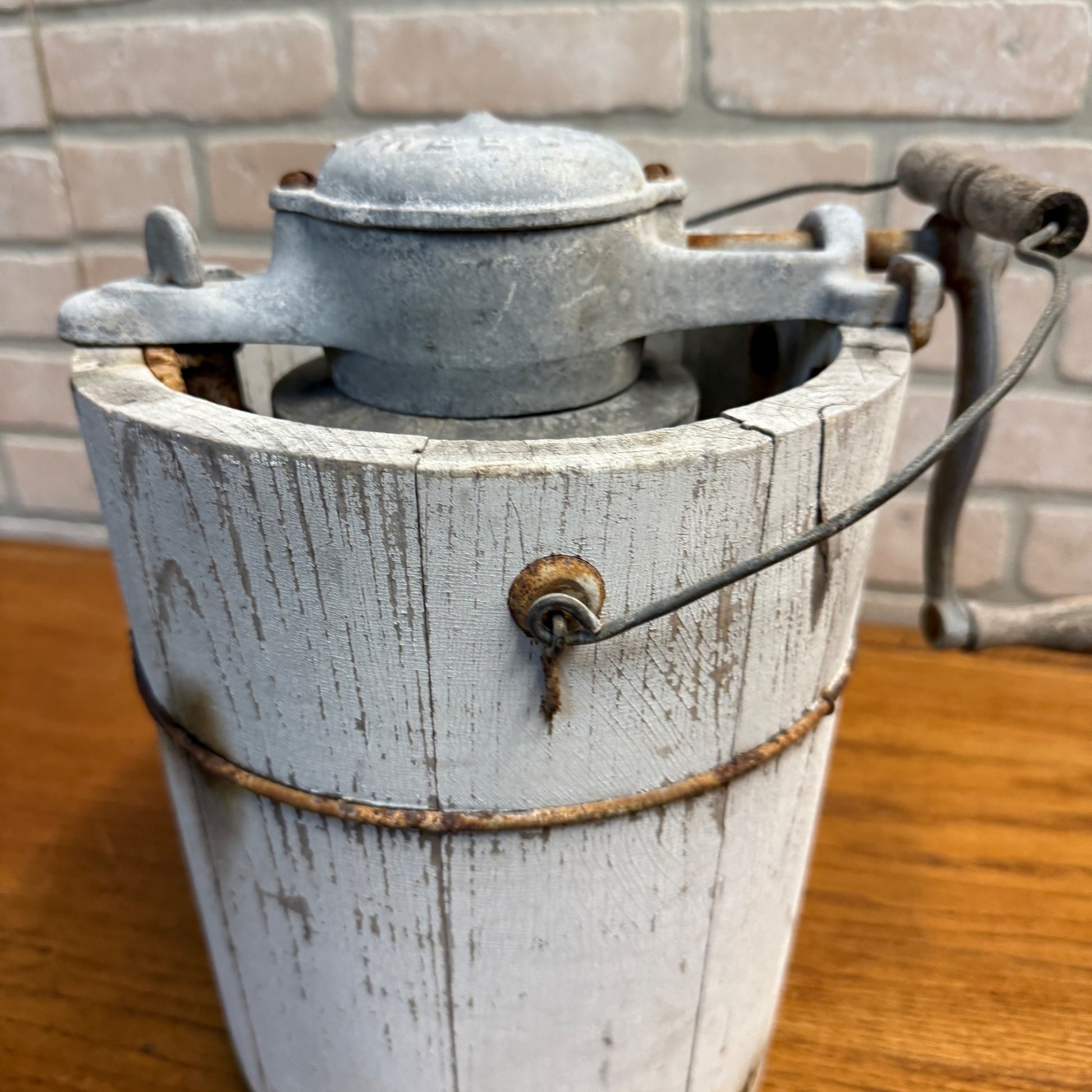 Antique Primitive Alaska Freezer Hand Crank Ice Cream Maker Farmhouse White