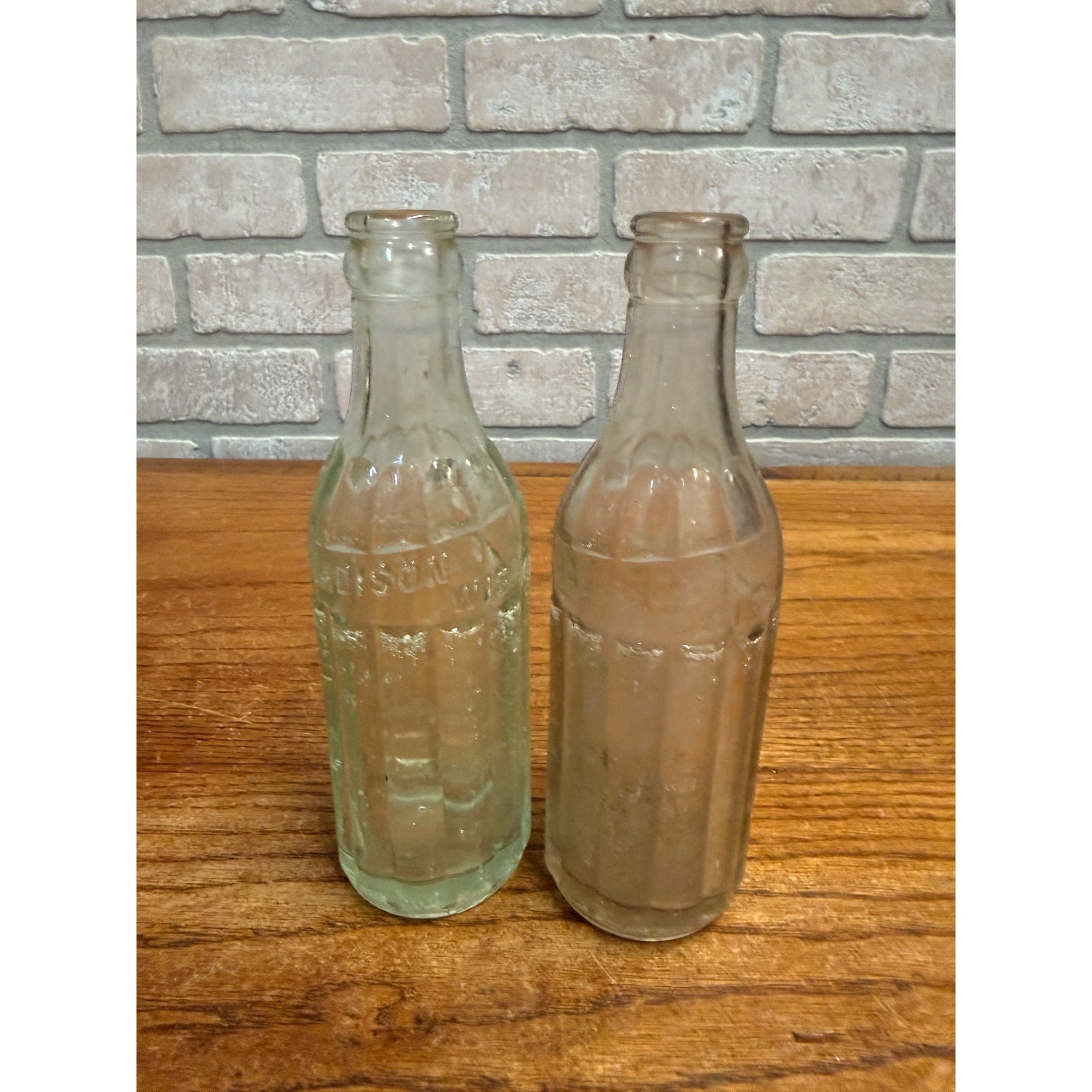Pair Vintage Bottle Aqua Fauerbach Madison Wisconsin 7 Oz Soda Beer Aqua & Clear
