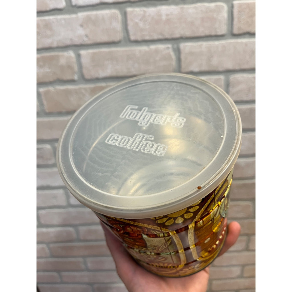Vintage 3lb Folgers Coffee Tin Primitive Colonial Style Chicken Fruit Vegetables