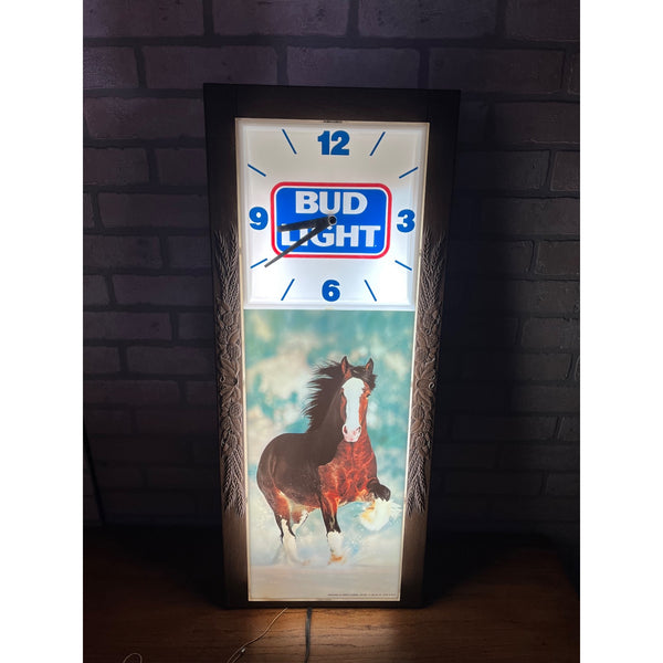 Vintage Bud Light Beer Clydesdale Horse Lighted Clock Sign 1986 Budweiser