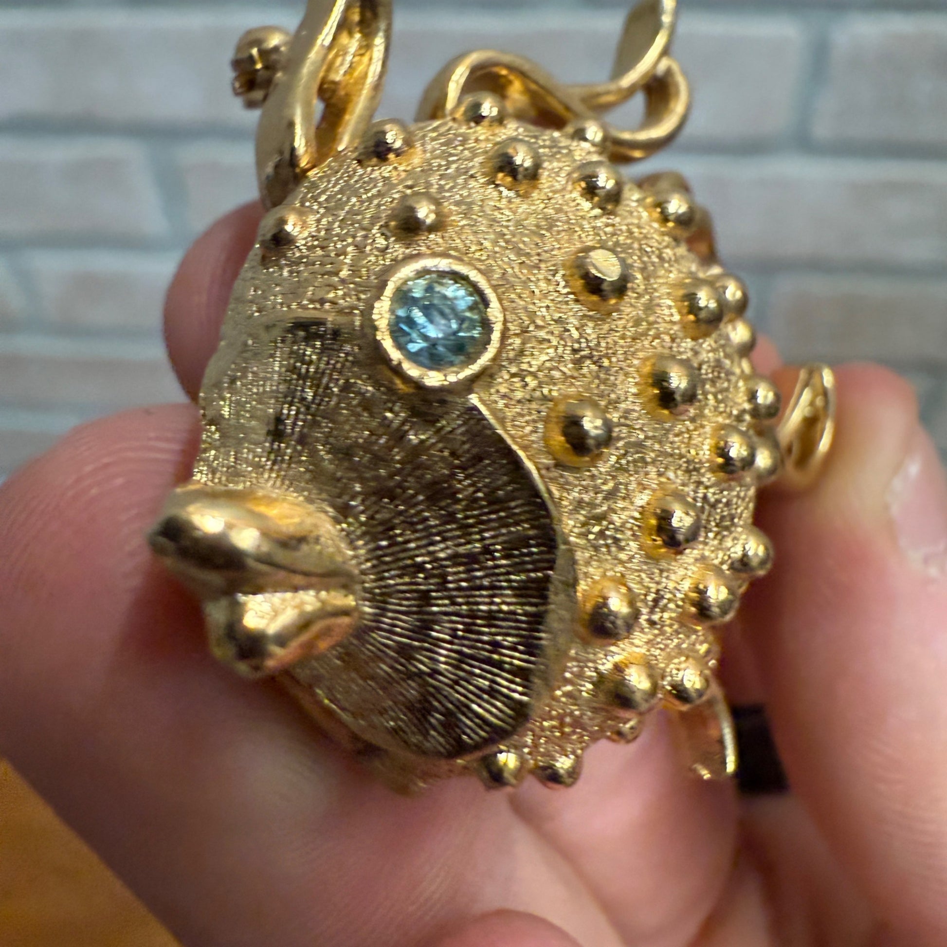 Vintage Fuller Brush Co Perfume Locket Brooch Puffer Fish Rhinestone Eye