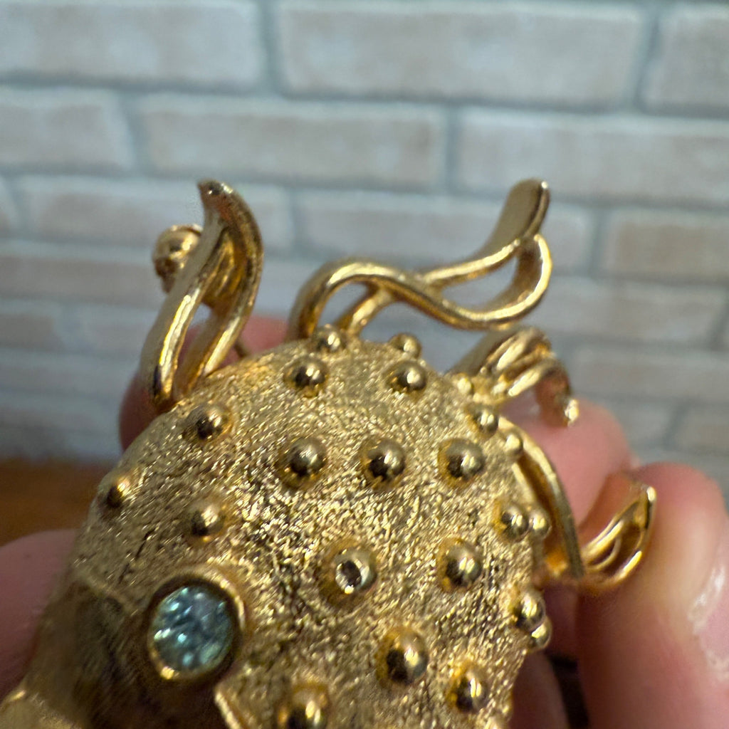 Vintage Fuller Brush Co Perfume Locket Brooch Puffer Fish Rhinestone Eye