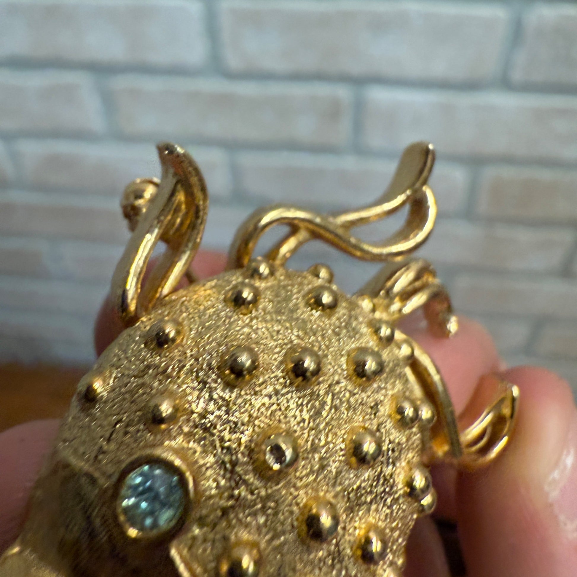 Vintage Fuller Brush Co Perfume Locket Brooch Puffer Fish Rhinestone Eye