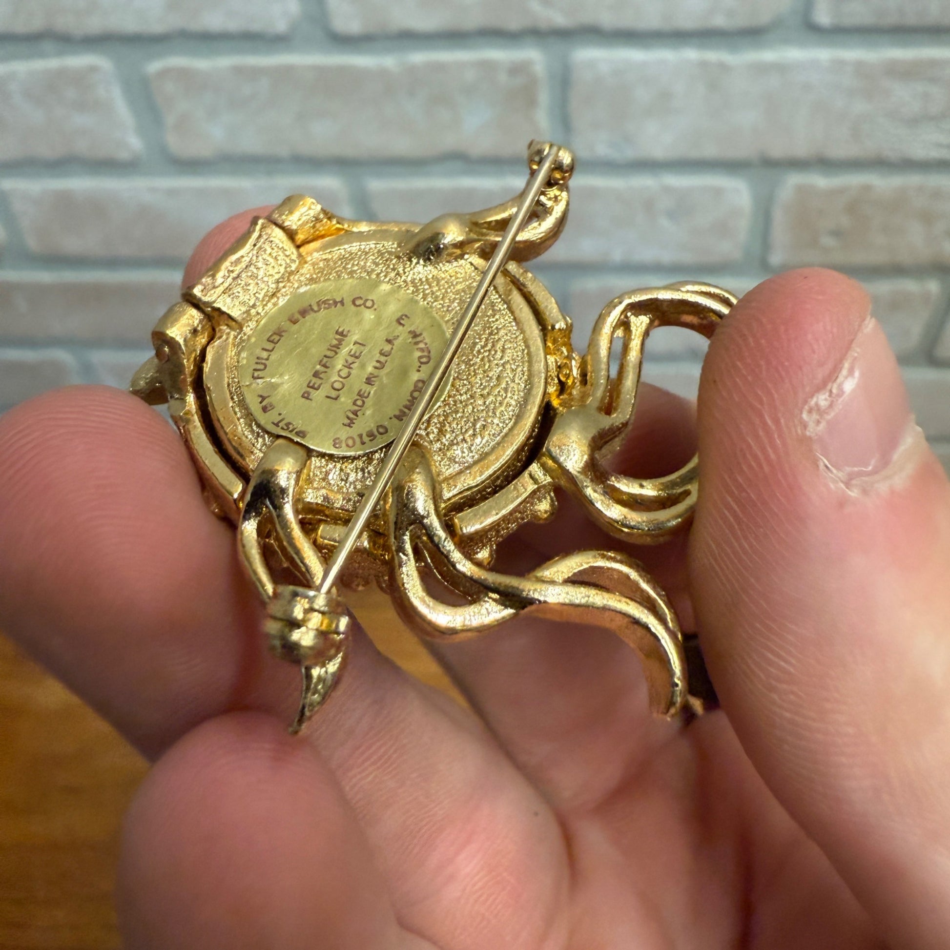 Vintage Fuller Brush Co Perfume Locket Brooch Puffer Fish Rhinestone Eye
