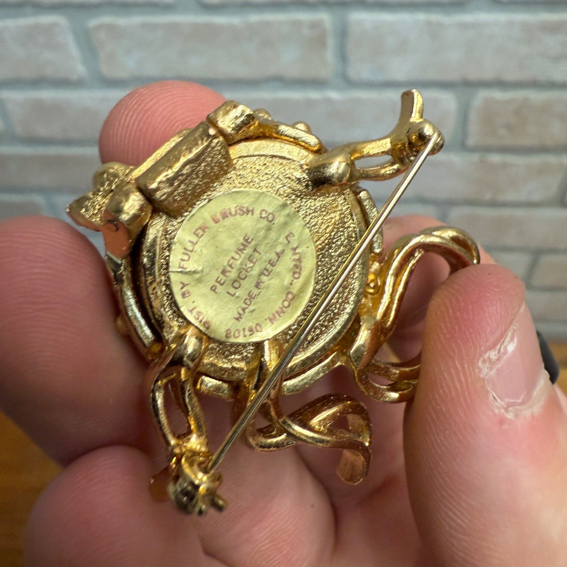 Vintage Fuller Brush Co Perfume Locket Brooch Puffer Fish Rhinestone Eye