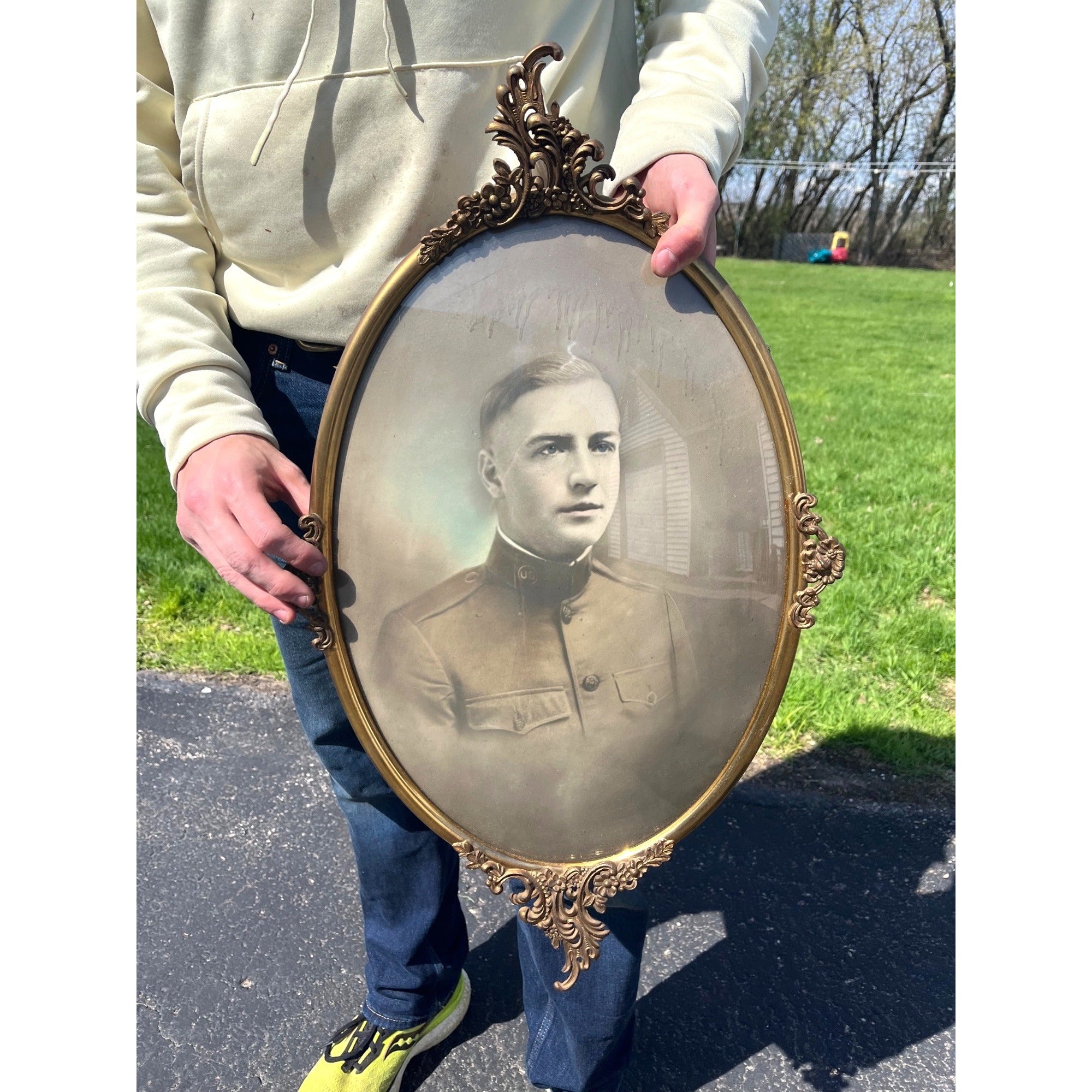 Antique Oval Military Portrait Photograph w/ Ornate Metal Frame c. WWI Era