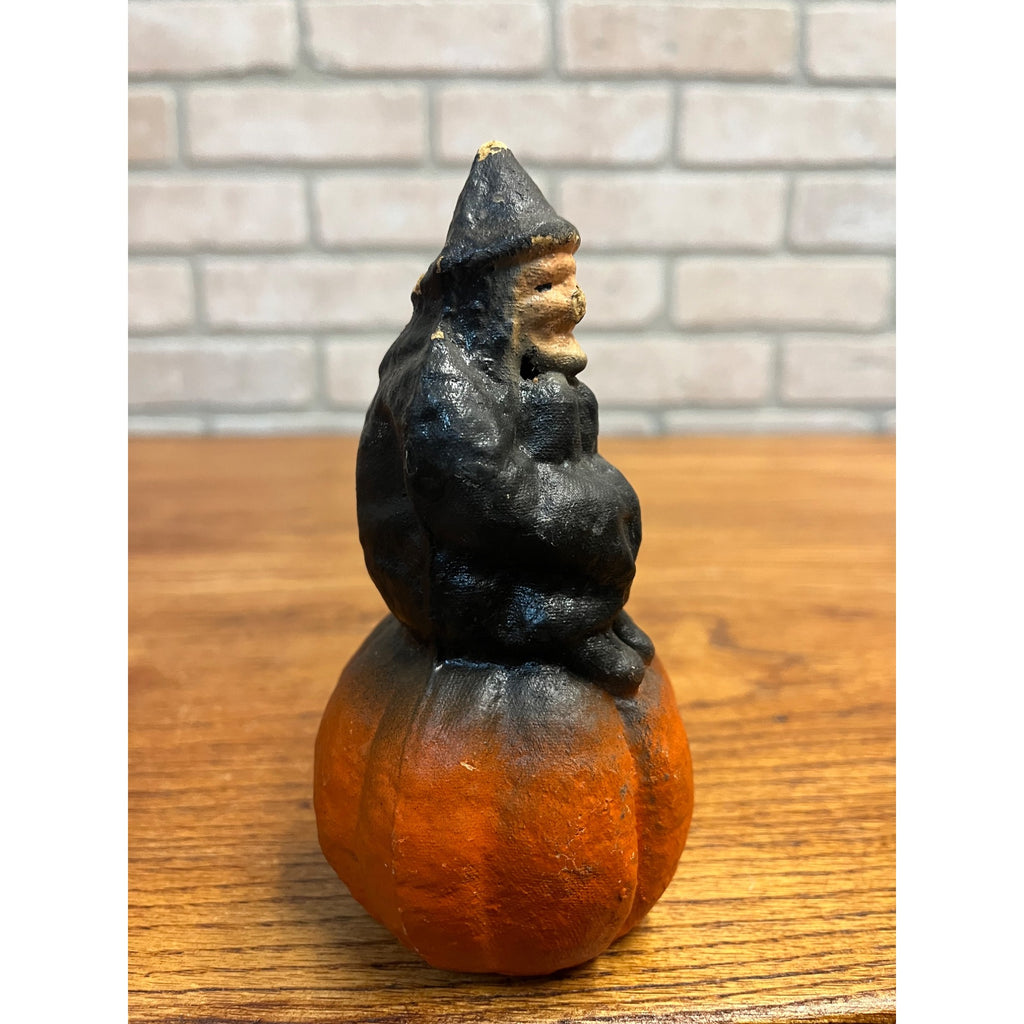 Vintage Halloween Kneeling Witch Pumpkin Paper Mache Pulp Candy Container