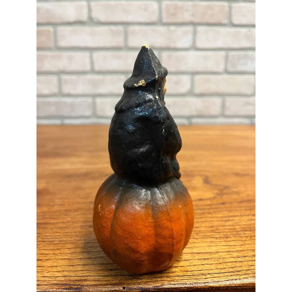 Vintage Halloween Kneeling Witch Pumpkin Paper Mache Pulp Candy Container