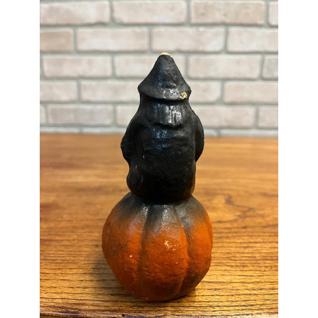 Vintage Halloween Kneeling Witch Pumpkin Paper Mache Pulp Candy Container