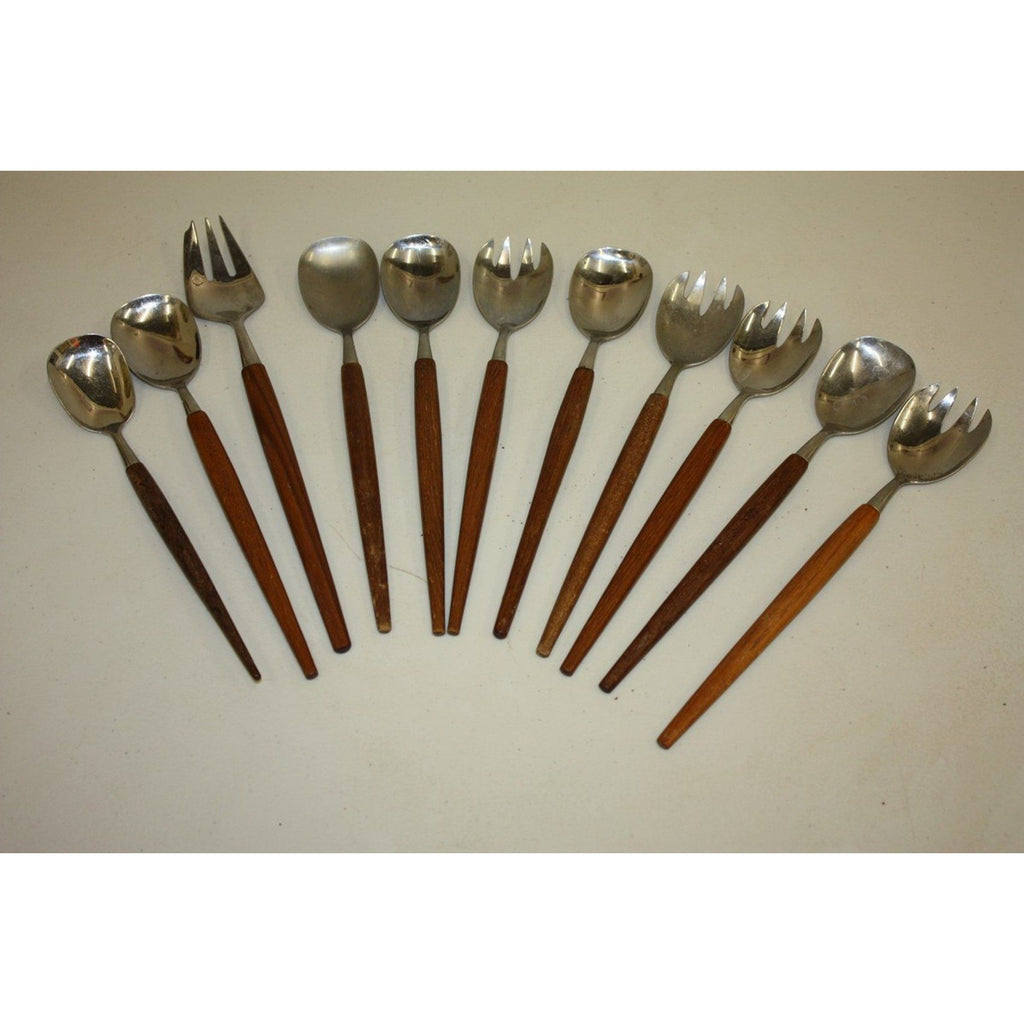 11 Vintage Rostfri Swedish MCM Salad Serving Spoons Utensils Stainless & Teak