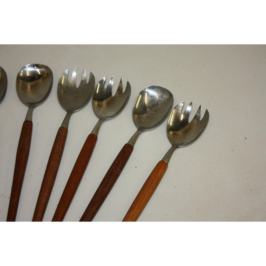 11 Vintage Rostfri Swedish MCM Salad Serving Spoons Utensils Stainless & Teak