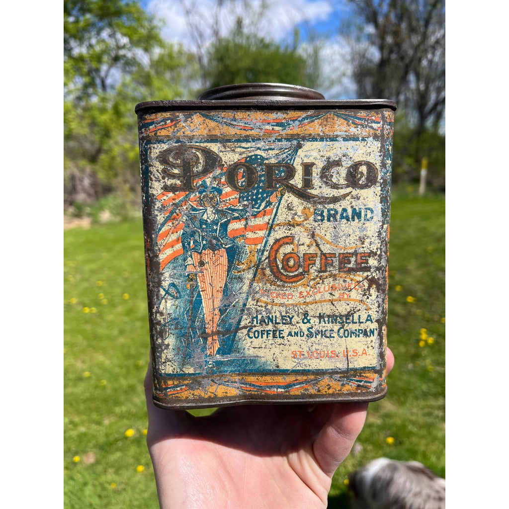 Antique Uncle Sam Americana c1920 Victorian Porico Coffee Tin Can 2lb Schotten St. Louis MO