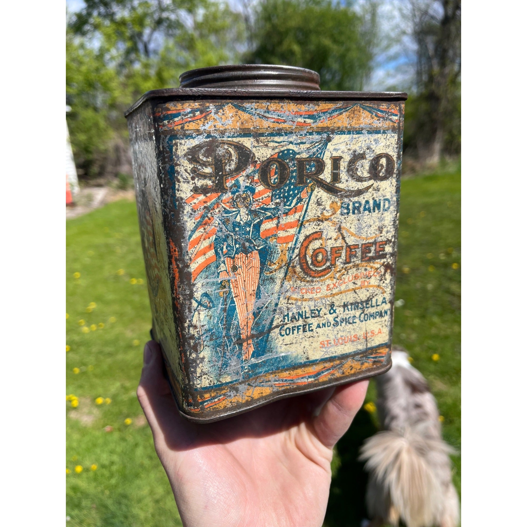 Antique Uncle Sam Americana c1920 Victorian Porico Coffee Tin Can 2lb Schotten St. Louis MO