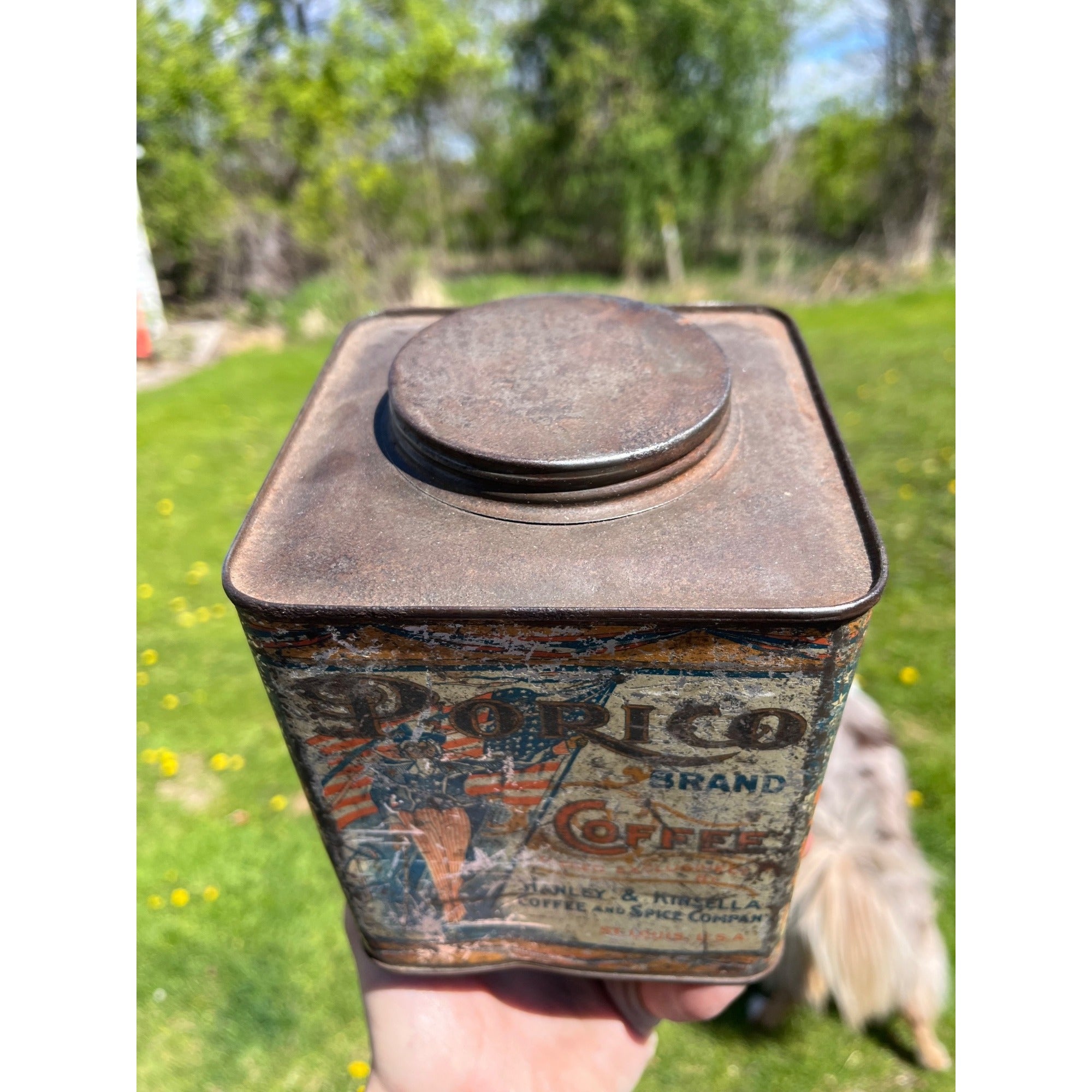 Antique Uncle Sam Americana c1920 Victorian Porico Coffee Tin Can 2lb Schotten St. Louis MO