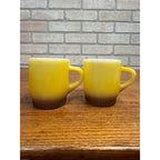Set of 2 Fire King Yellow & Brown Stackable Milk Glass Coffee Mugs Mid Century