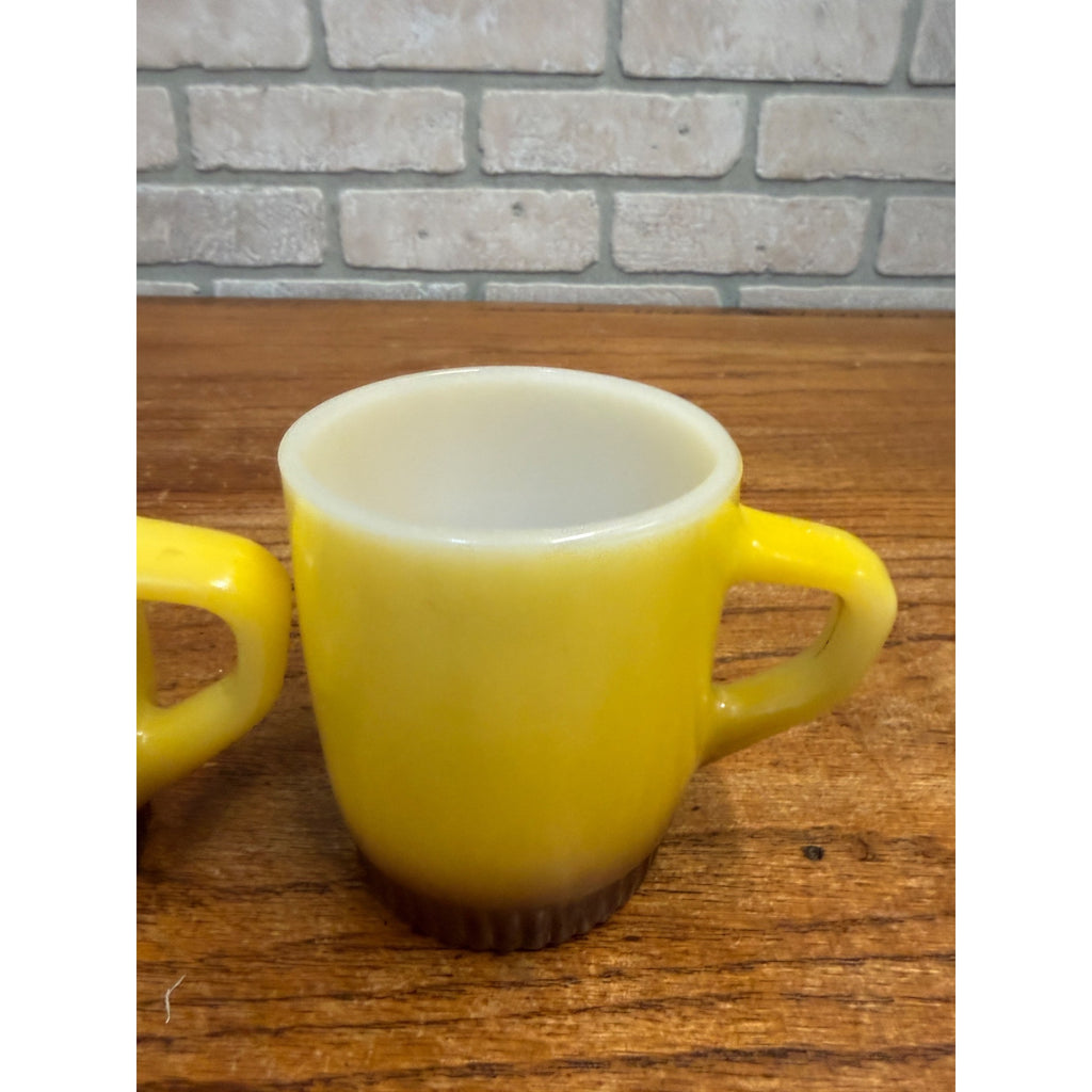 Set of 2 Fire King Yellow & Brown Stackable Milk Glass Coffee Mugs Mid Century
