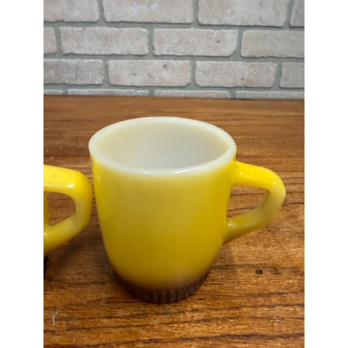 Set of 2 Fire King Yellow & Brown Stackable Milk Glass Coffee Mugs Mid Century