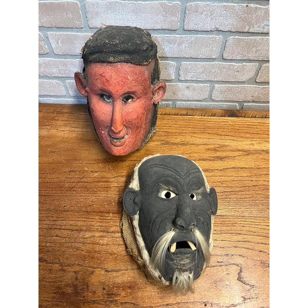 Vintage Folk Art Carved Wooden Tribal Masks Mexican Southeast Asia Pair