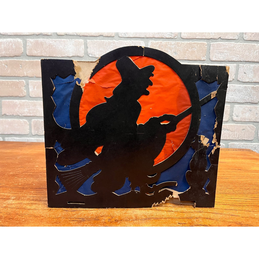 RARE Vintage Halloween 1930s Beistle 2 Sided Lantern Witch Black Cat Blue AS-IS
