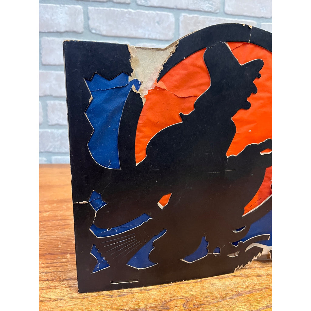 RARE Vintage Halloween 1930s Beistle 2 Sided Lantern Witch Black Cat Blue AS-IS