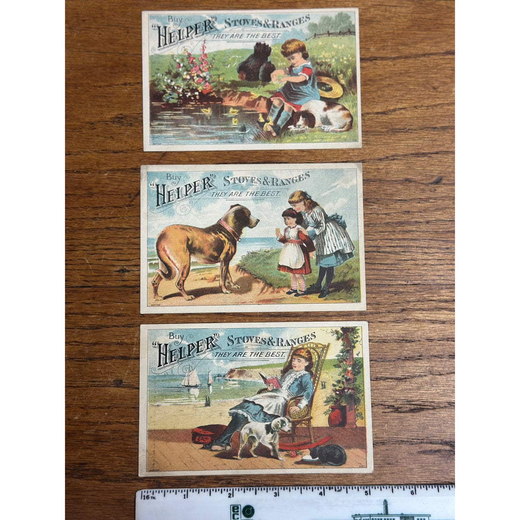 Antique Victorian Advertising Trade Cards (3) Helper Stoves & Ranges Chicago Erie