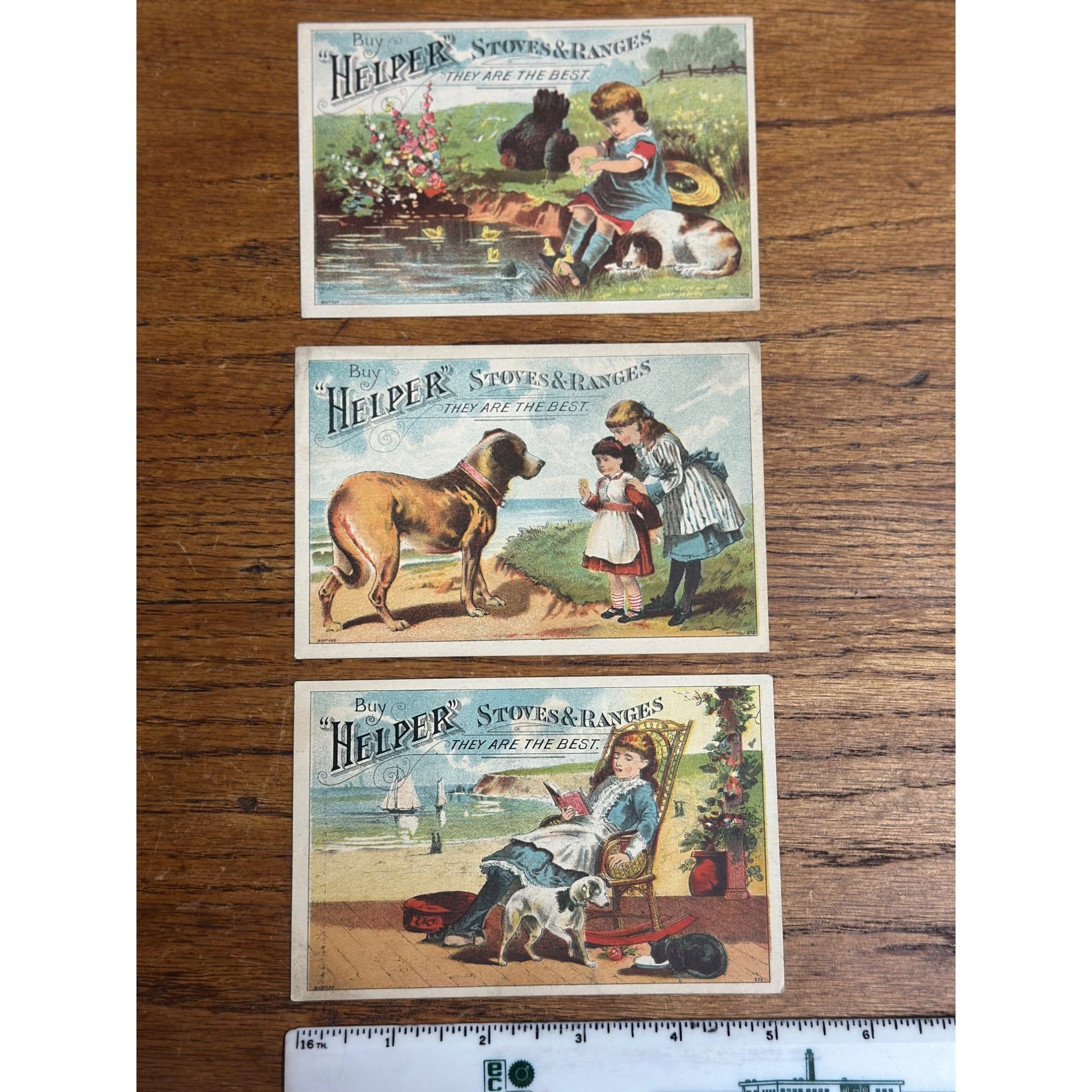 Antique Victorian Advertising Trade Cards (3) Helper Stoves & Ranges Chicago Erie