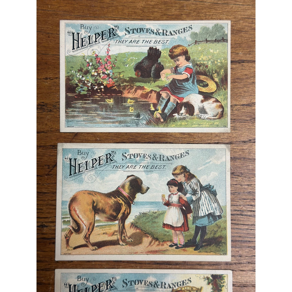 Antique Victorian Advertising Trade Cards (3) Helper Stoves & Ranges Chicago Erie