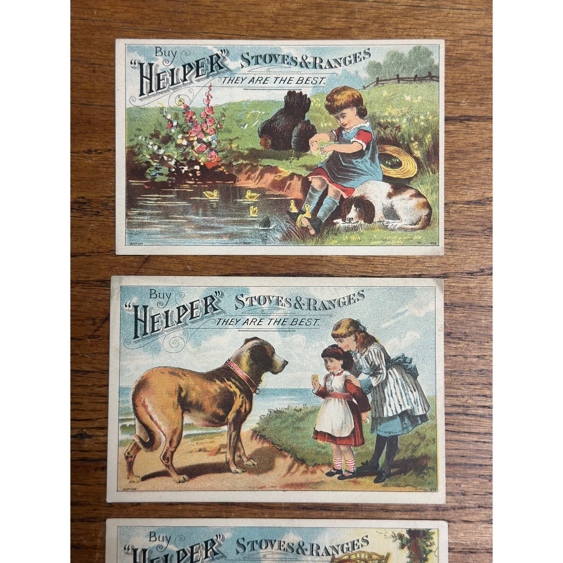 Antique Victorian Advertising Trade Cards (3) Helper Stoves & Ranges Chicago Erie