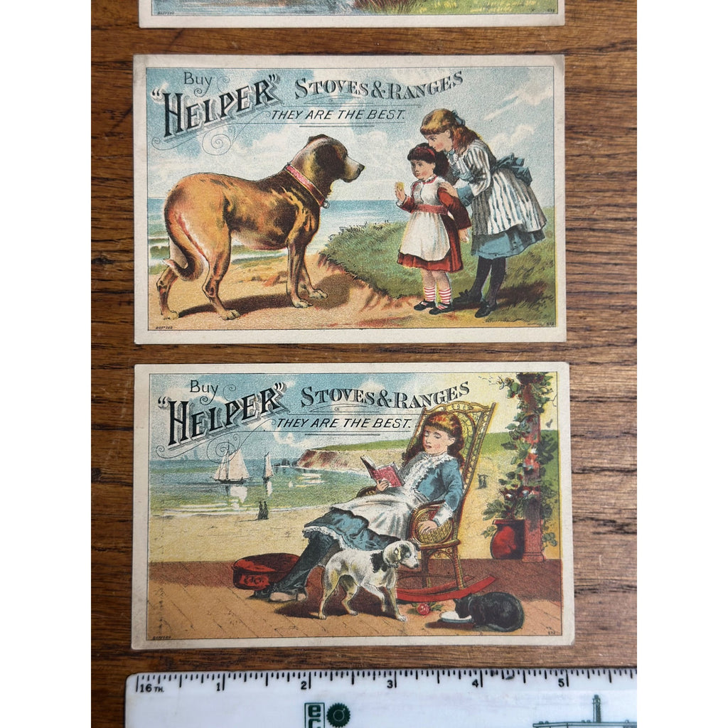Antique Victorian Advertising Trade Cards (3) Helper Stoves & Ranges Chicago Erie