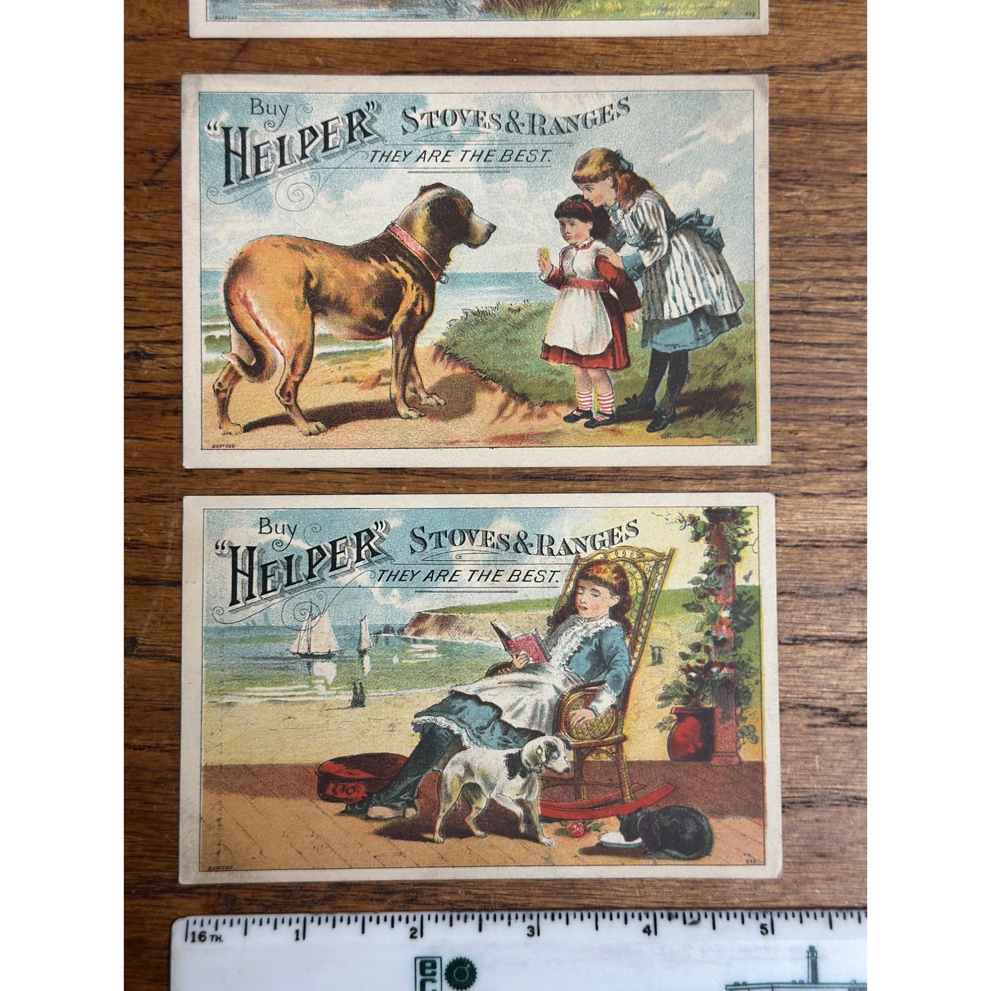 Antique Victorian Advertising Trade Cards (3) Helper Stoves & Ranges Chicago Erie