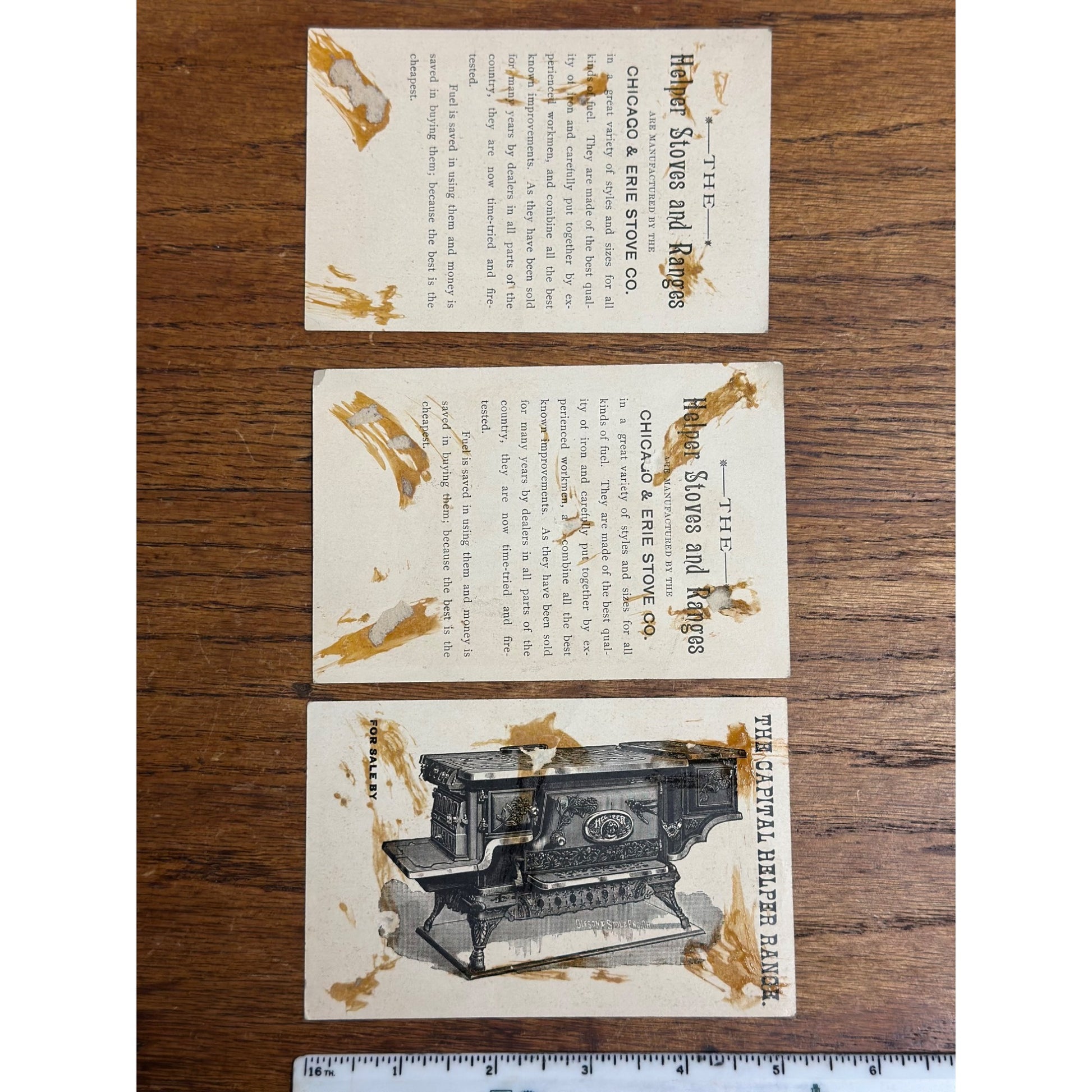 Antique Victorian Advertising Trade Cards (3) Helper Stoves & Ranges Chicago Erie