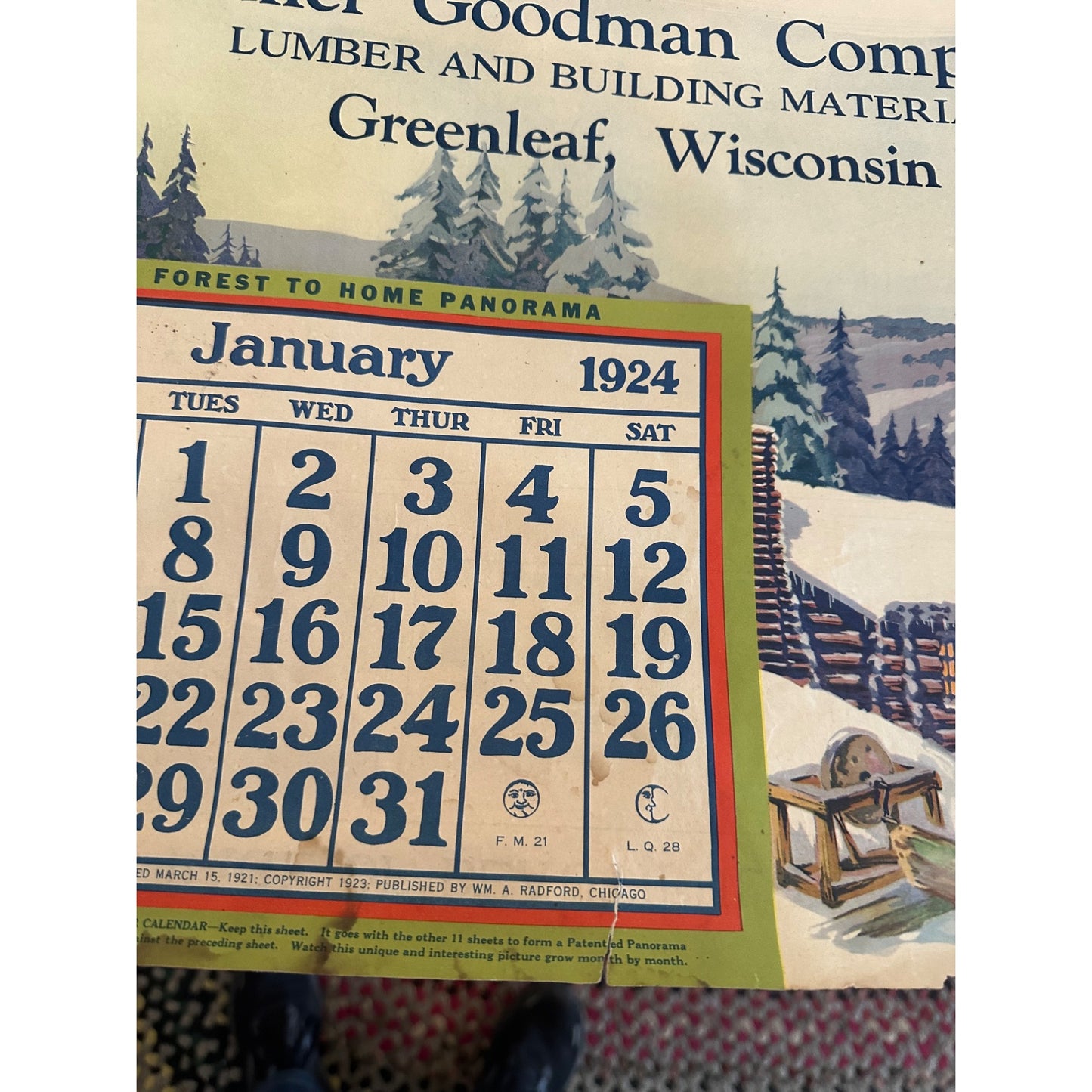 Vintage Fuller Goodman Lumber (Oshkosh Wis) Advertising Calendar Sign Farm Litho