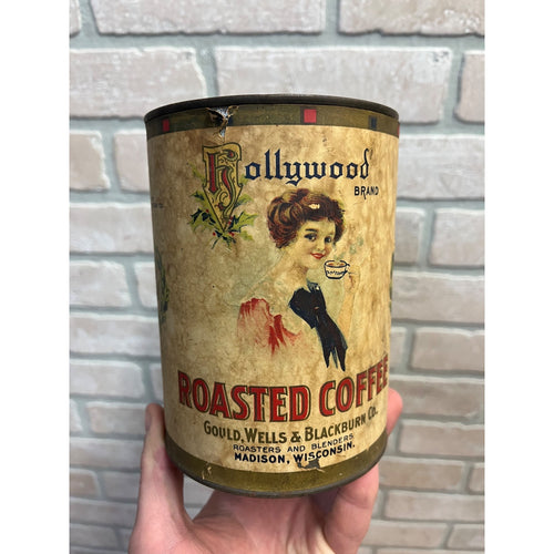 Antique Hollywood Roasted Coffee Tin 1lb Tall Can Madison Wi Victorian Lady Rare